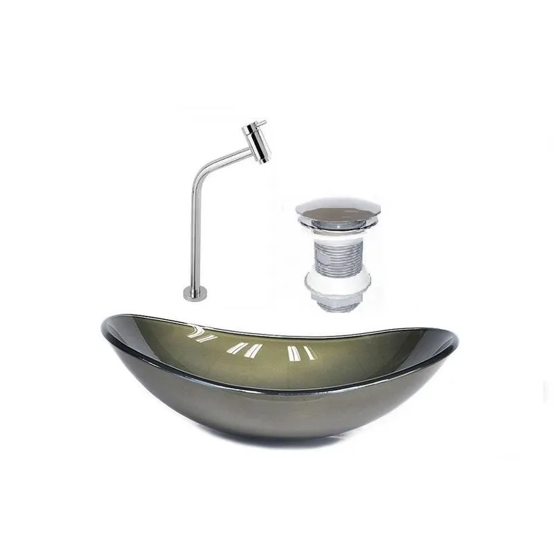 Cuba De Vidro Oval 47cm Ouro + Válvula + Torneira Metal