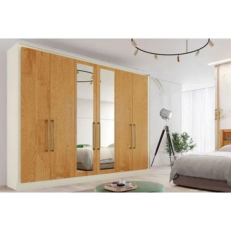 Guarda Roupa Casal 6 Portas (2 c/ Espelho) e 6 Gavetas Argos Off White/Peroba - Europa