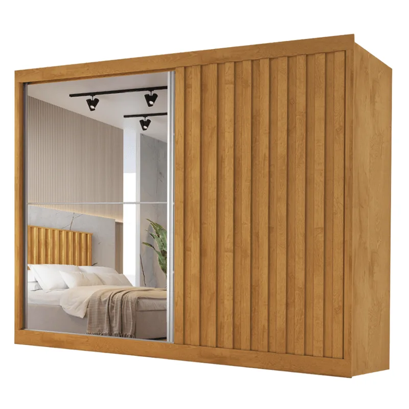 Guarda Roupas Casal 2 Portas de Correr com Espelho Ripado 100% MDF 4 Gavetas Malta