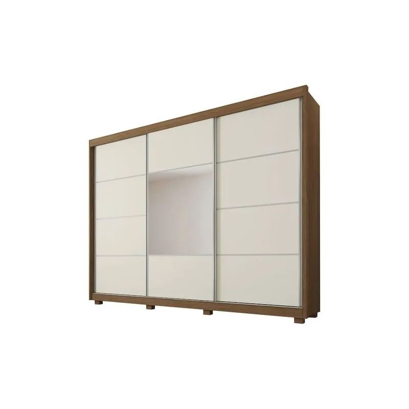 Guarda-Roupa Casal Spazio 3 Portas de Correr Espelho 4 Gavetas Mademarques Castanho/Off White