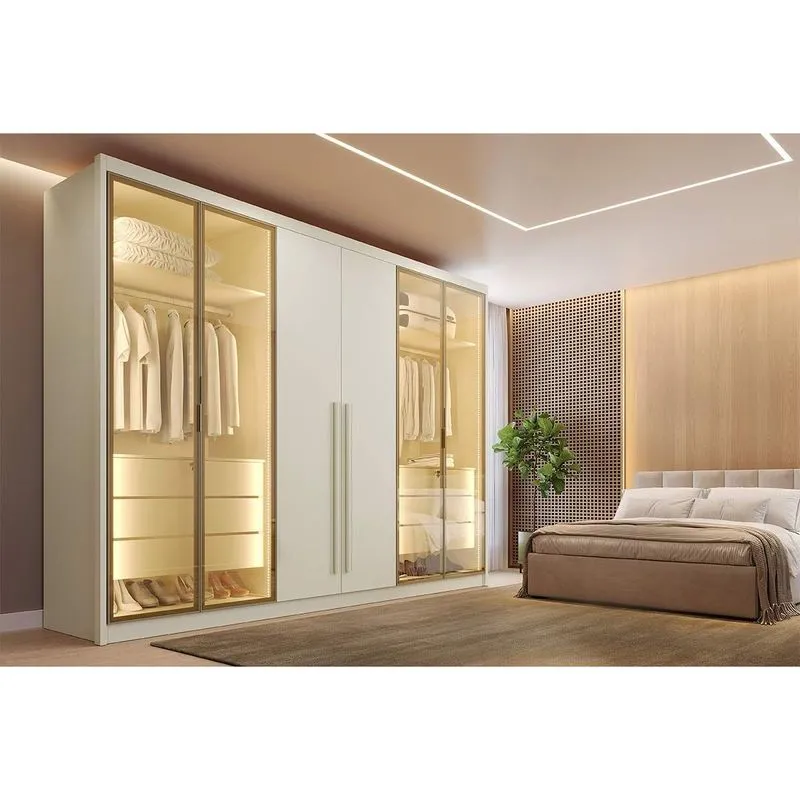 Guarda Roupa Casal 6 Portas Com 4 Portas De Vidro Reflecta Em MDF Madri Made Marcs