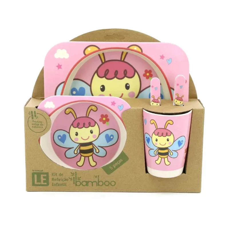 Kit Alimentação Le Infantil de Bambu com 5 Peças Rosa bebê