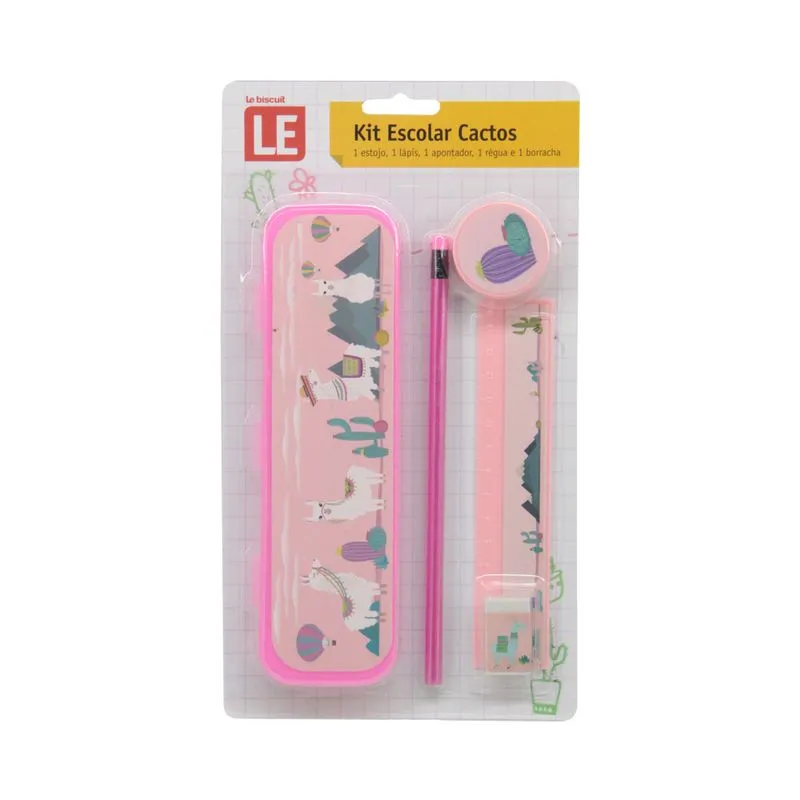 Kit Escolar Le Cacto Rosa com 1 Estojo, 1 Lápis, 1 Régua 15cm, 1 Apontador e 1 Borracha