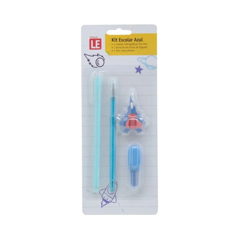 Kit Escolar Le Azul com 2 Canetas, 1 Borracha de Foguete e 1 Mini Iluminador