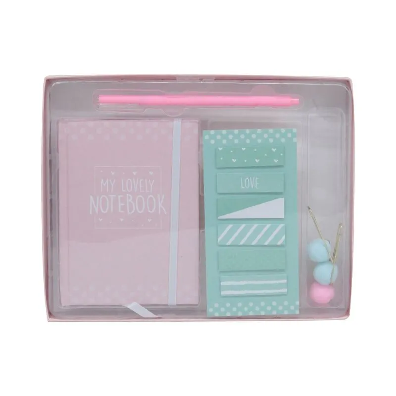 Kit Gift Le com 1 Caderneta, 1 Bloco de Notas, 1 Caneta e 3 Clips 5cm com Fita Decorada