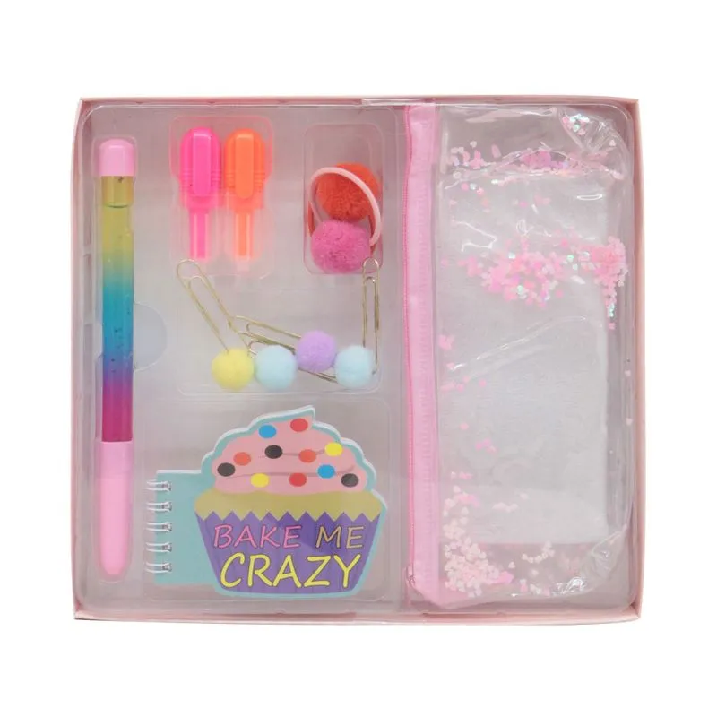 Kit Gift Le 1 Estojo, 2 Pompons para Cabelo, 1 Bloco, 4 Clips, 1 Caneta e 2 Marcadores de Texto