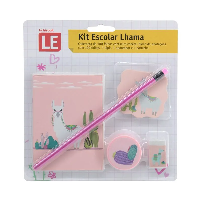Kit Gift Lhama Le com 1 Caderneta, 1 Apontador, 1 Lápis, 1 Borracha e 1 Bloco Adesivo