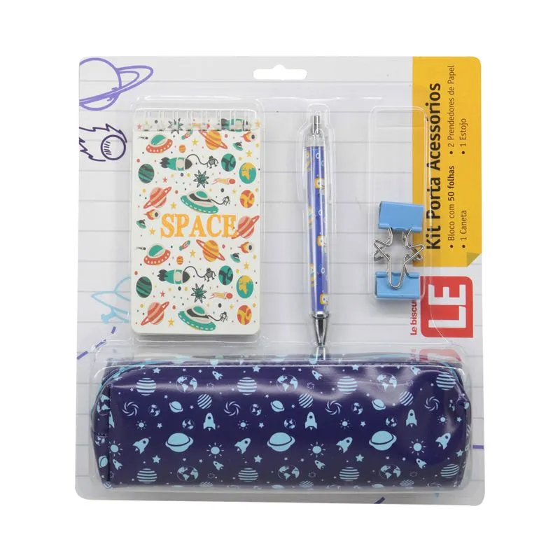 Kit Estojo Le Azul com 1 Caderneta Decorada, 1 Caneta Decorada, 1 Binder Clip e 1 Estojo Decorado