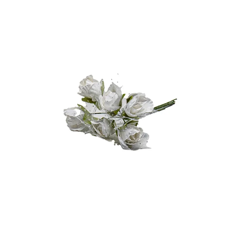 Buquê Botão Rosa de Papel Mini com Renda com 6 Unidades Branco