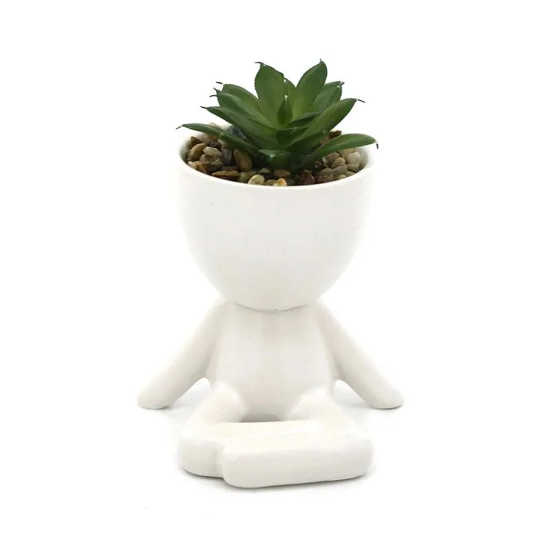Arranjo Decorativo Le em Cerâmica Boneco com Suculenta Branco