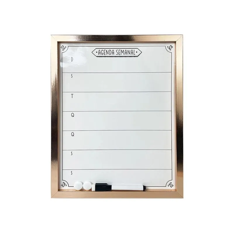 Quadro Magnético Branco Le Planejamento Semanal com Marcador e Imãs Rosé Gold 35,5x27,9cm