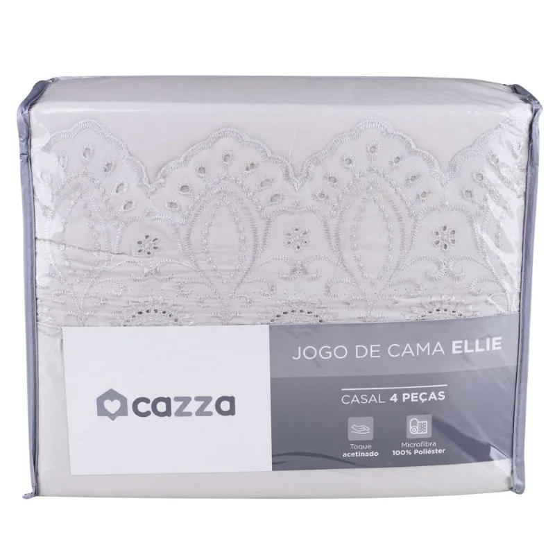 Jogo de Cama Casal 4 Peças Microfibra Bordado Inglês Cazza Ellie Cinza
