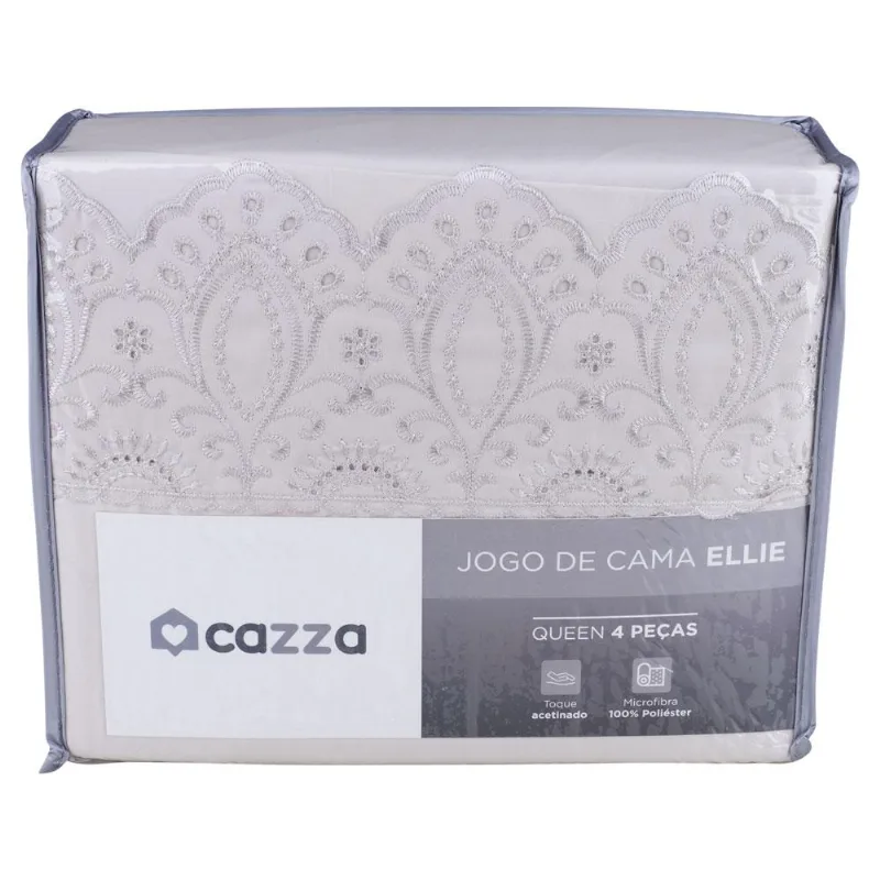 Jogo de Cama Queen 4 Peças Microfibra Bordado Inglês Cazza Ellie Cinza
