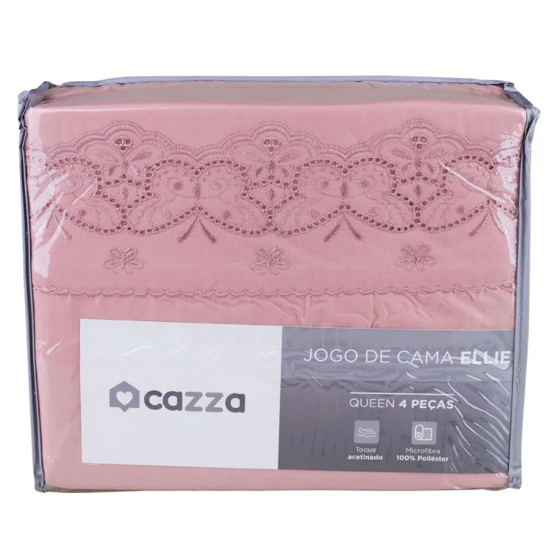Jogo de Cama Queen 4 Peças Microfibra Bordado Inglês Cazza Ellie Rosa