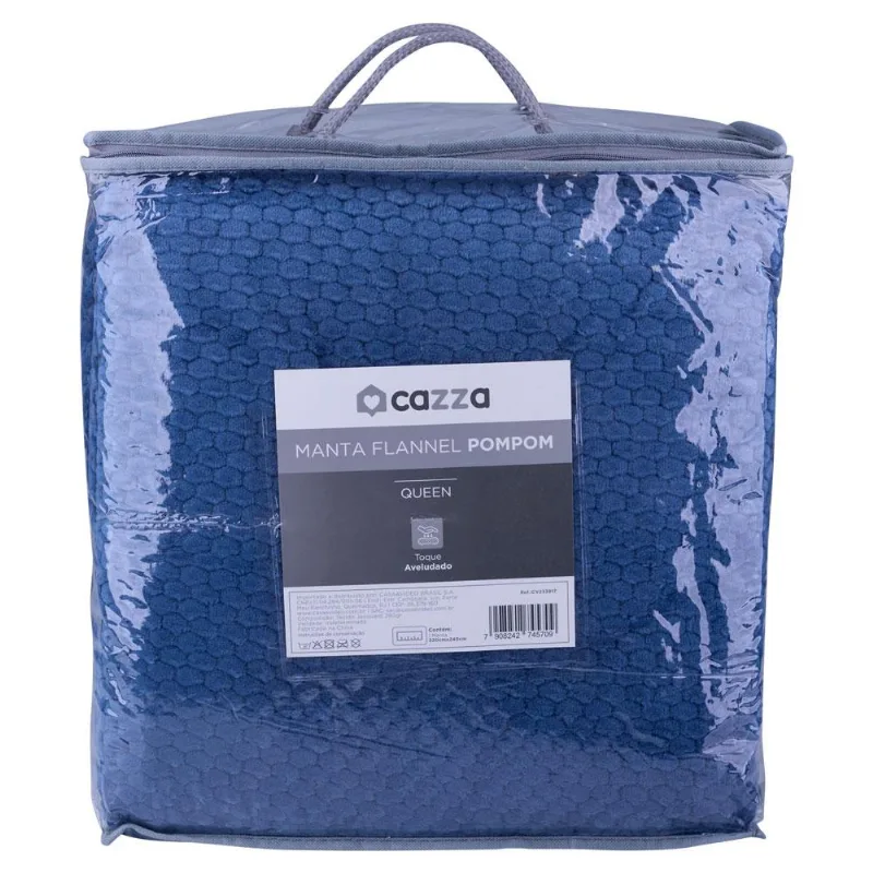 Manta Queen 220x240 Flannel Pompom Azul Cazza
