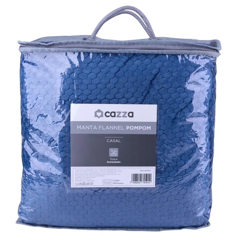 Manta Casal 180x220 Flannel Pompom Azul Cazza