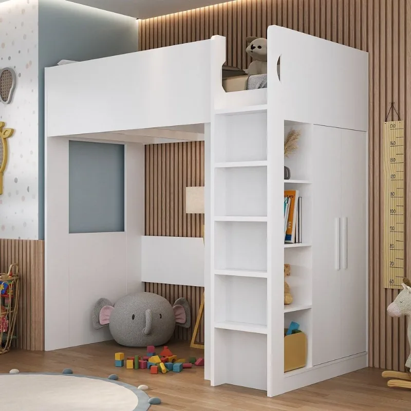 Cama Alta Infantil/Juvenil com Armário e Nichos Branco Branco