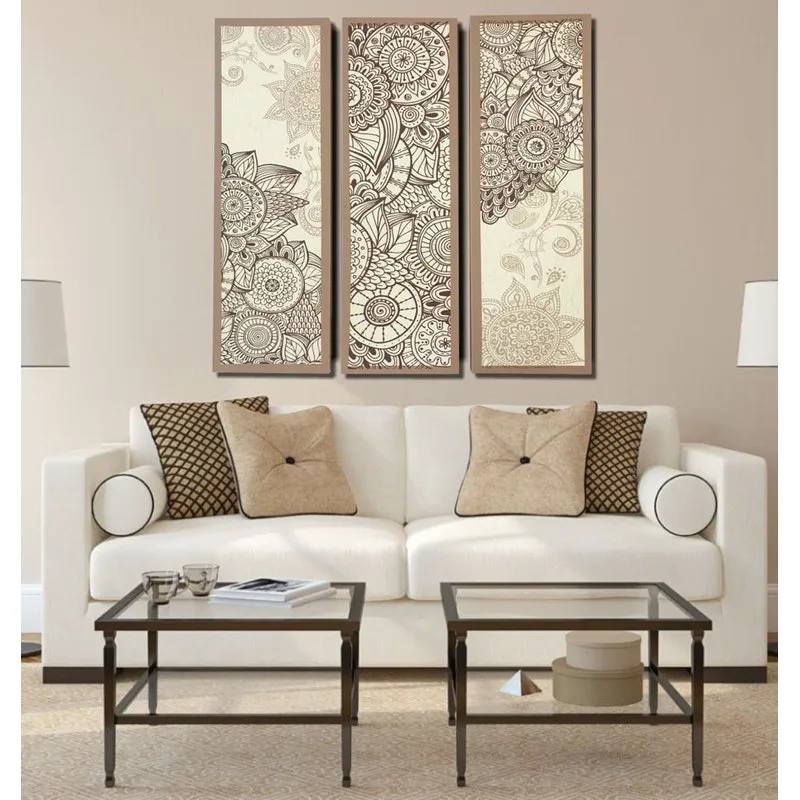 Quadros Decorativos Mandala Bege 3 Peças Para Sala