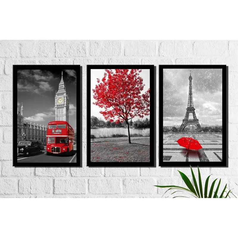 Kit 3 Quadros Decorativos Cidades Preto e Vermelho