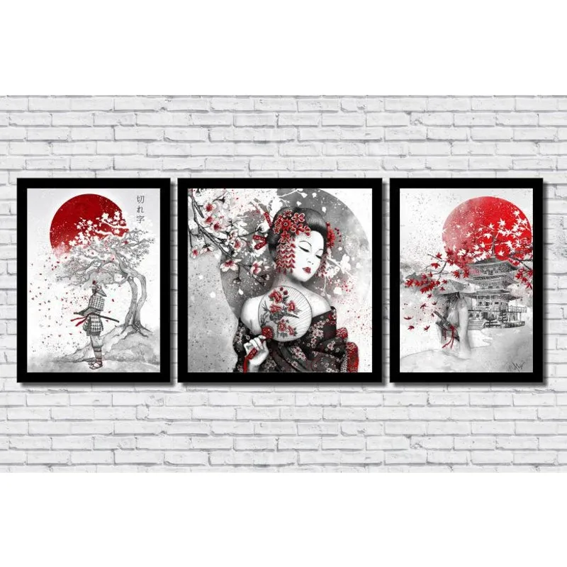 Kit 3 Quadros Decorativos Oriental Japão Gueixa