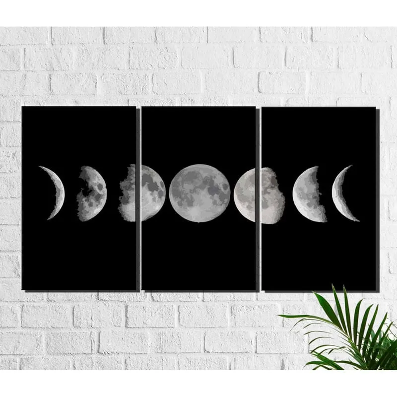 Kit 3 Quadros Decorativos Fases Da Lua Preto