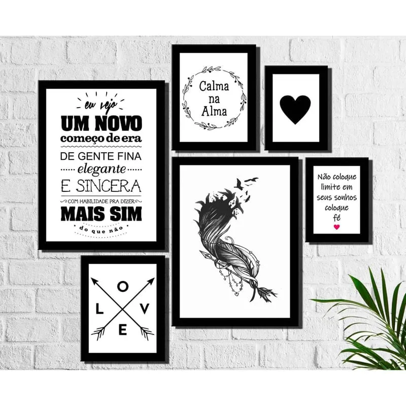 Kit 6 Quadros Decorativos Pena E Frases Preto E Branco