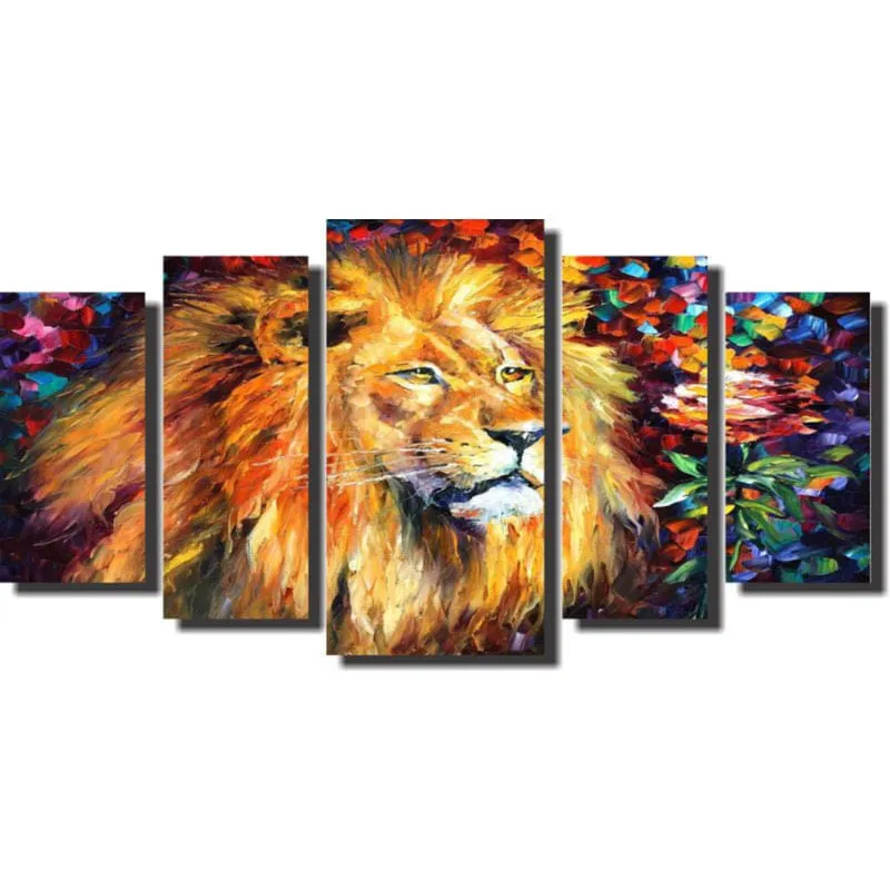 Quadro Decorativo Leão Para Sala 5 Peças