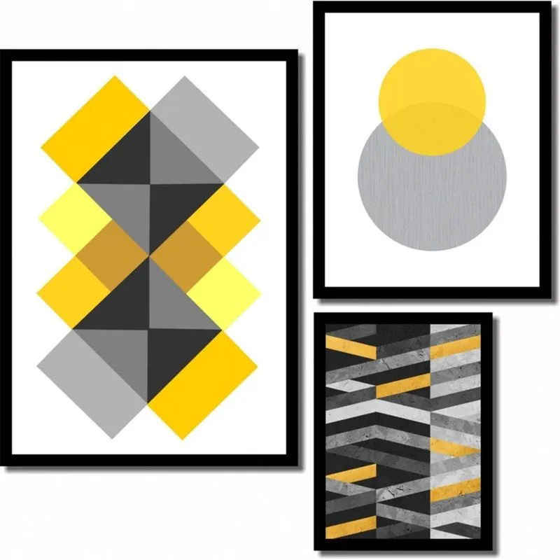 Kit 3 Quadros Decorativos Abstrato Geométrico Amarelo Cinza