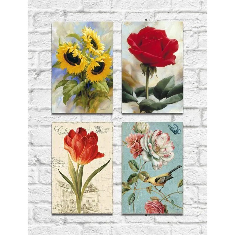 Kit Quadros Decorativos Flores Vintage 4 Peças M3