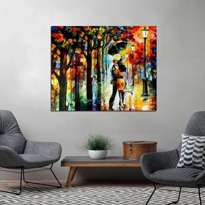 Quadro Decorativo Espatulado Casal Beijando Na Chuva