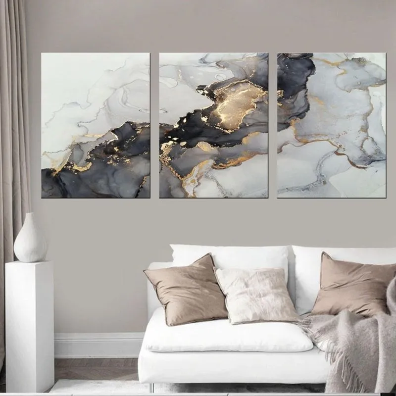 Quadro Abstrato Decorativo Mármore Dourado Com Cinza