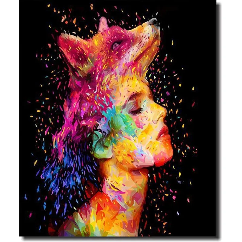 Quadro Decorativo Mulher Com Lobo Colorido Moderno