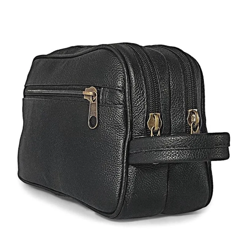 Necessaire Bolsa Mão De Couro Legítimo Grande Espaçosa Preto