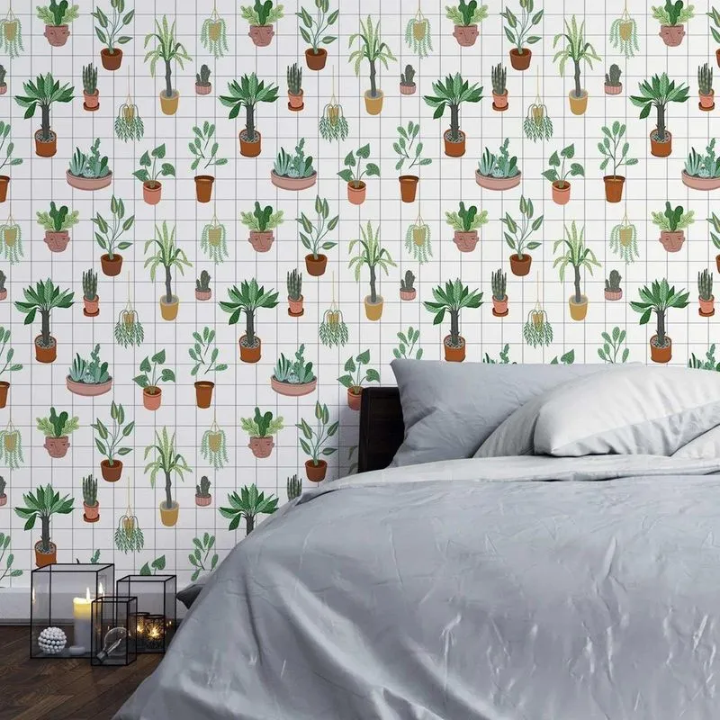 Papel de Parede Adesivo Vasos com plantas e folhas N03016 Rolo de 0,58x3,00