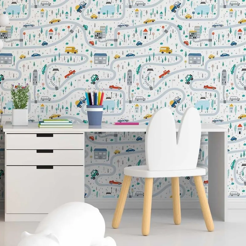 Papel de Parede Adesivo Cidade com Carros Colorida N05003 Rolo de 0,58x3,00