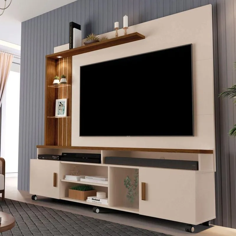 Estante Home Theater Ocean Para TV Até 65 Polegadas Em MDF-MDP Off White-Canela Carmolar Móveis