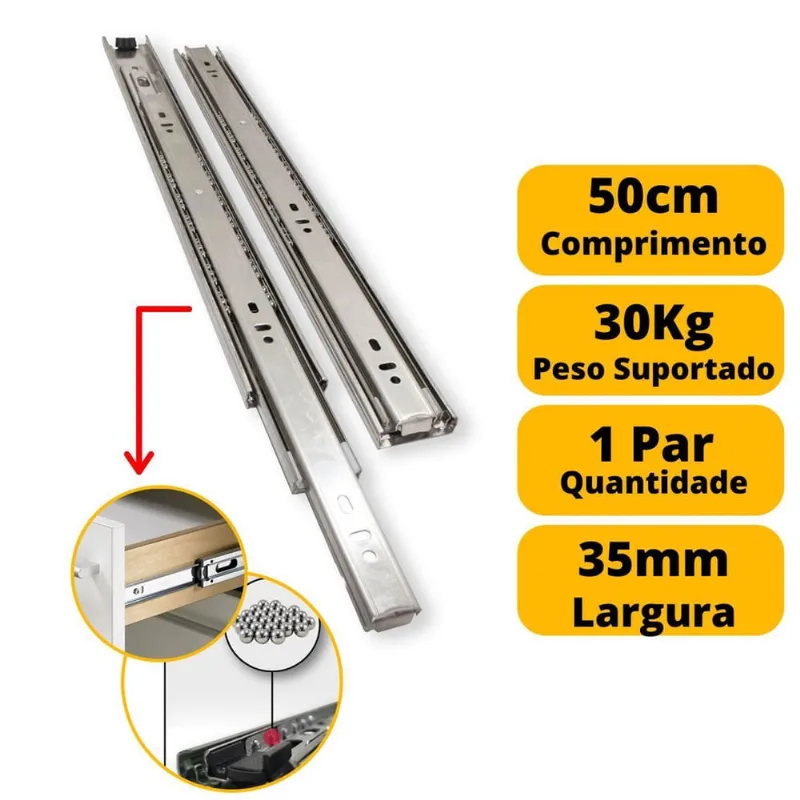 Corrediça Gaveta Trilho Telescópico 50Cm 500Mm Par 30Kg
