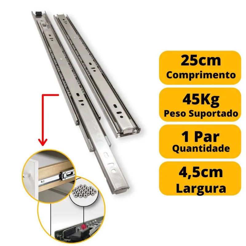 Corrediça Telescópica Gaveta Reforçada 25Cm 3 Pares 45Kg