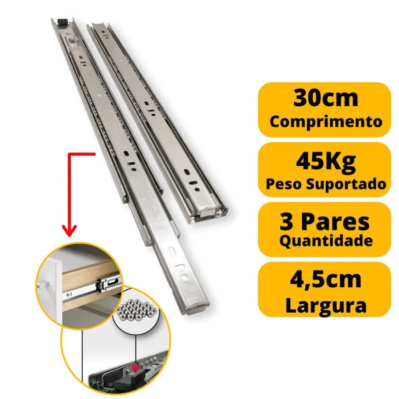 Corrediça Telescópica Para Gaveta Reforçada 30Cm 3 Par 45 Kg