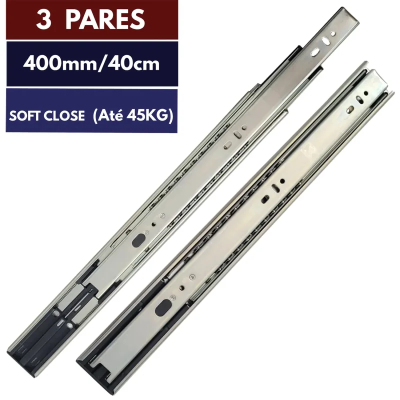 3 PARES CORREDIÇA TELESCÓPICA 40CM MÓVEIS GAVETA SOFT CLOSE - PS Martins