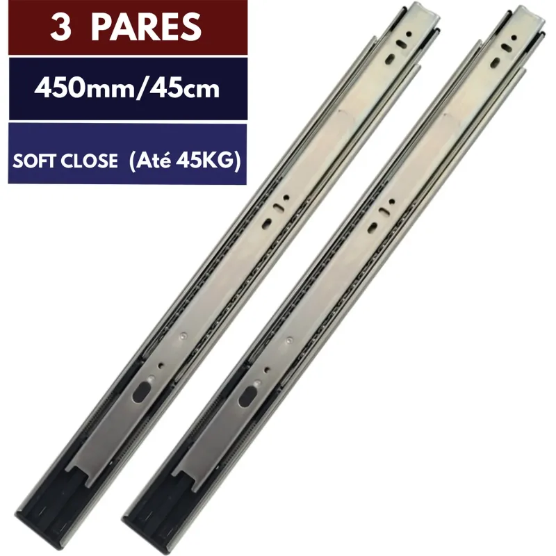 3 PARES CORREDIÇA TELESCÓPICA 45CM SOFT CLOSE MÓVEIS GAVETAS - PS Martins