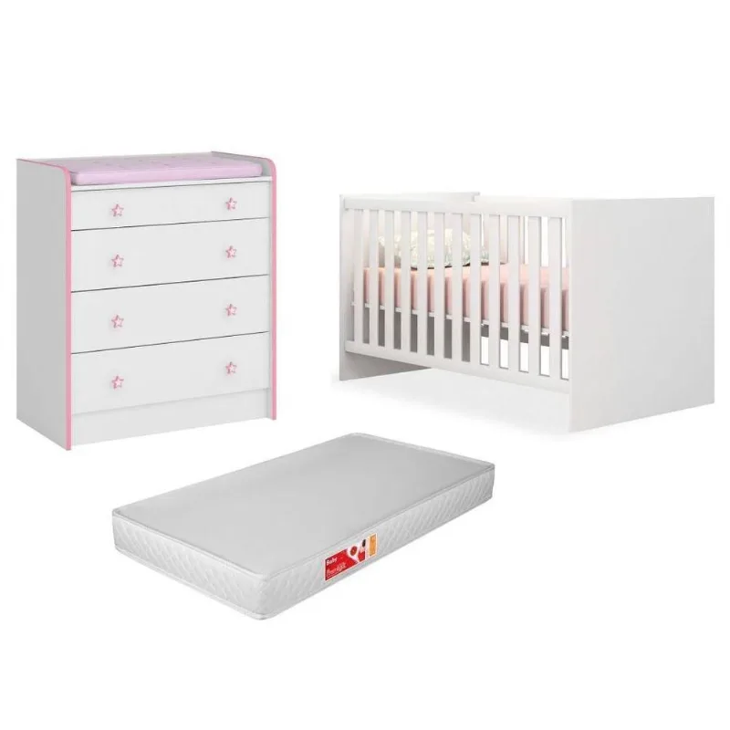 Quarto De Bebê Cômoda 2523 E Berço 1344 Doce Sonho Com Colchão Branco/rosa