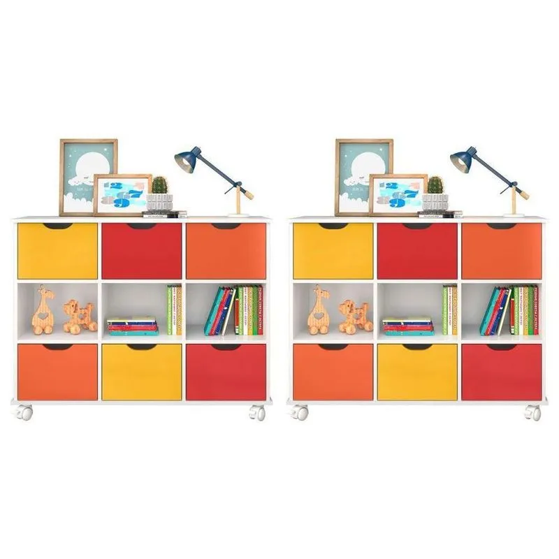 Kit 2 Nichos com Rodizios 6 Gavetas Qmovi Branco Colorido