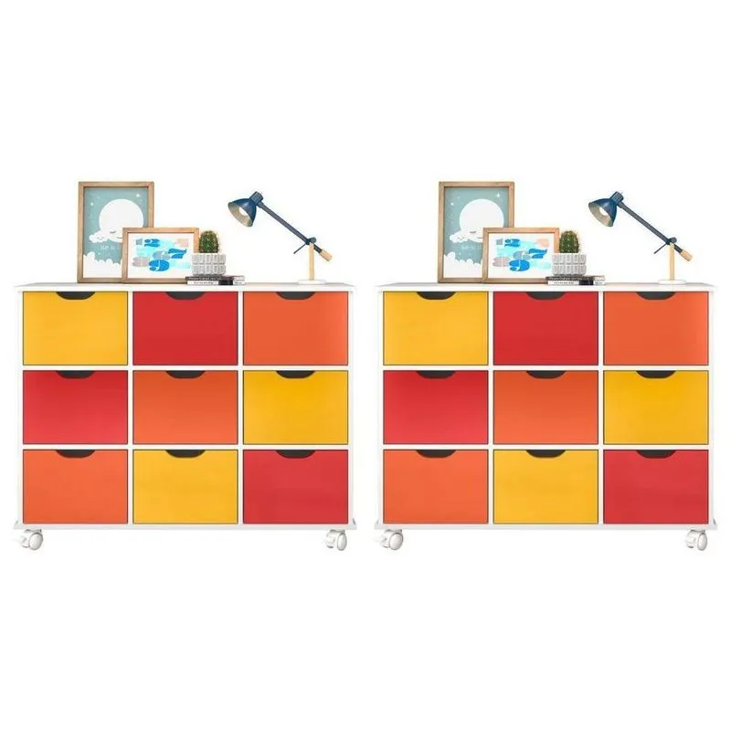Kit 2 Nichos 9 Gavetas com Rodizios Qmovi Branco Colorido