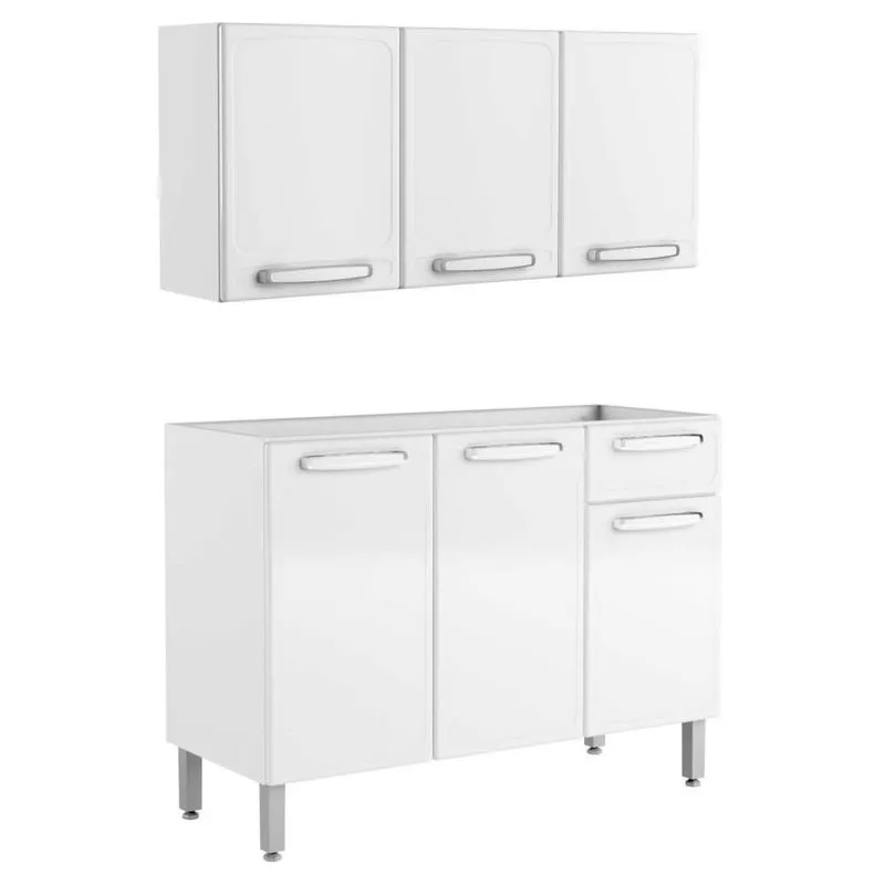 Armário Aéreo 7008 e Balcão Gabinete de Pia 120cm 7022 Evidence Branco - Bertolini