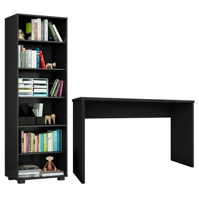 Conjunto Escritório 2 Peças Mesa Gávea Estante Office Preto