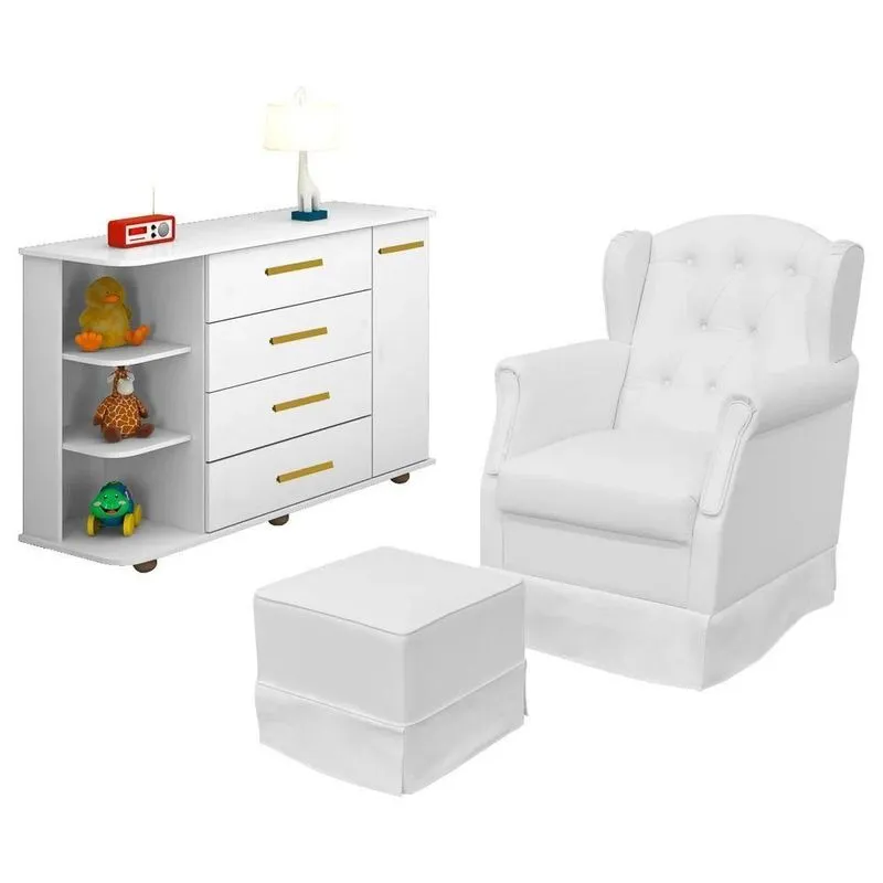 Poltrona De Amamentação Balanço Puff Alice E Cômoda Laura P04 Branco - Mpozenato