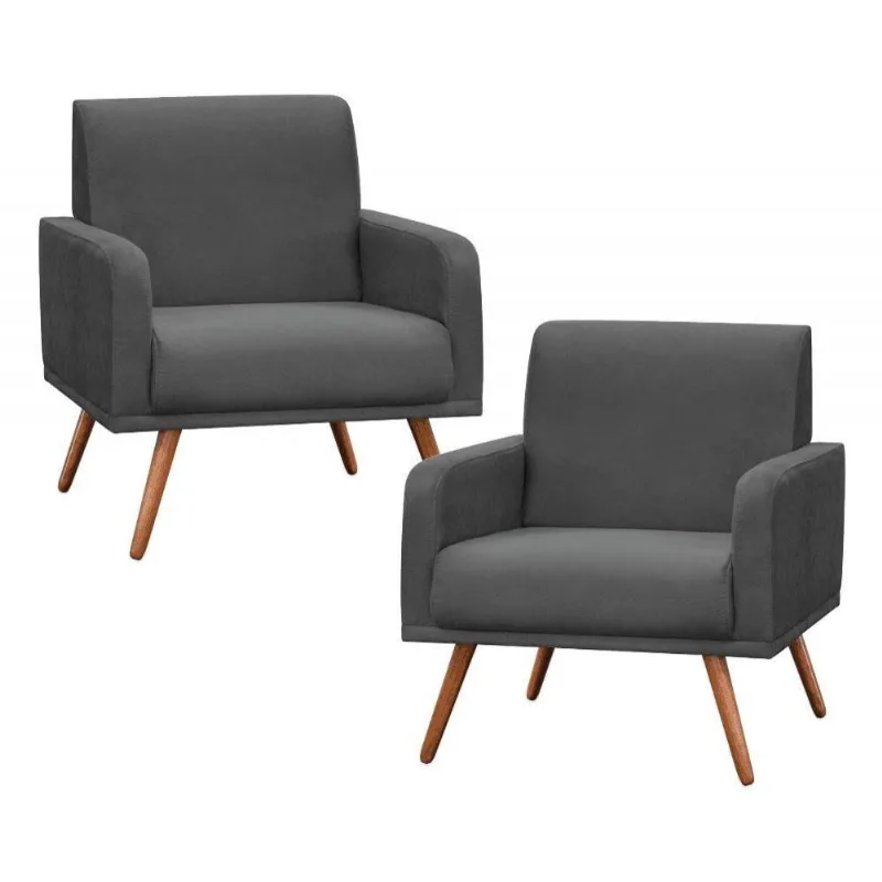 Kit 2 Poltronas Pés Palito Carla Suede D05 Cinza Escuro