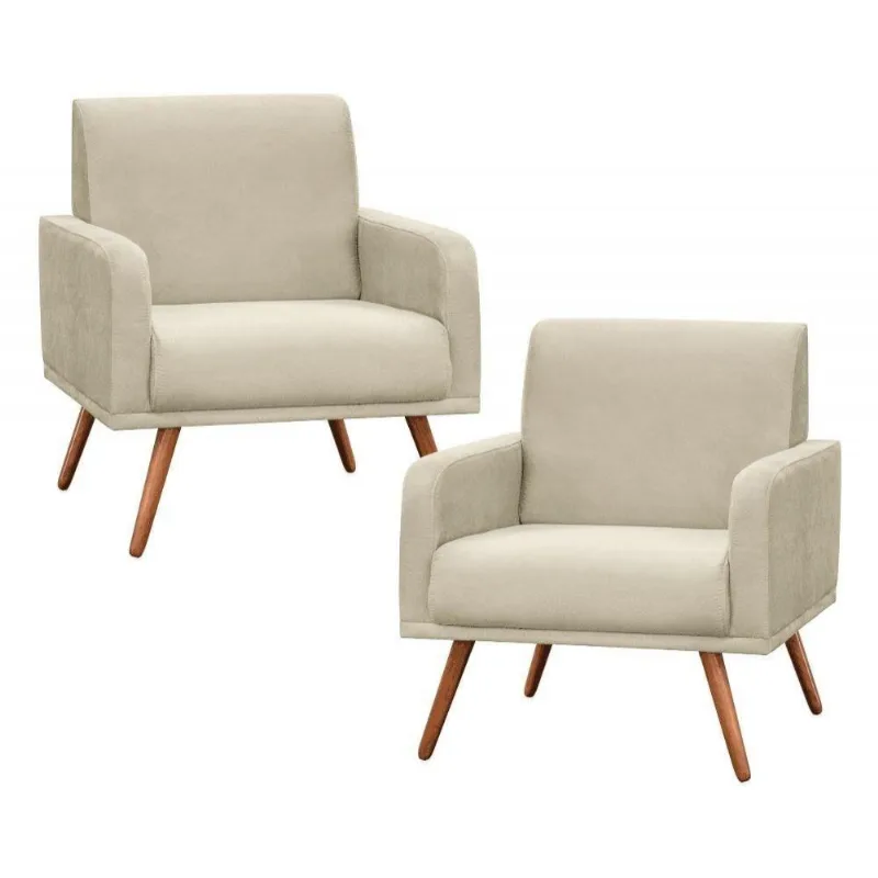 Kit 2 Poltronas Decorativas Pés Palito Carla Suede Marfim