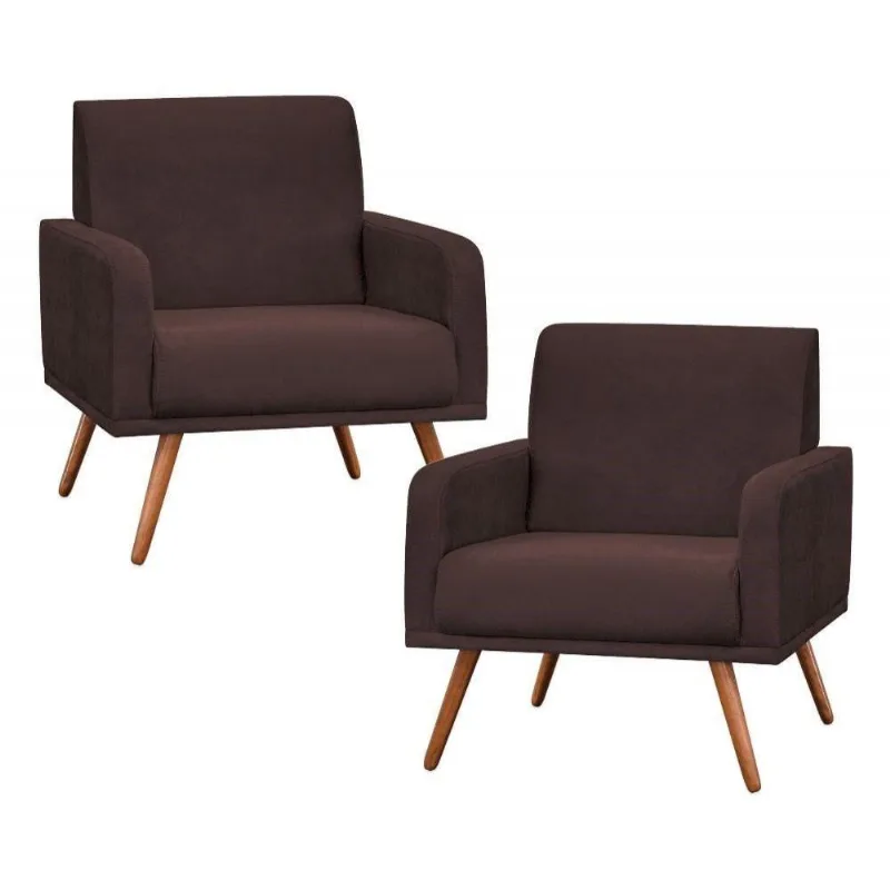 Kit 2 Poltronas Decorativas Pés Palito Carla Suede Marrom